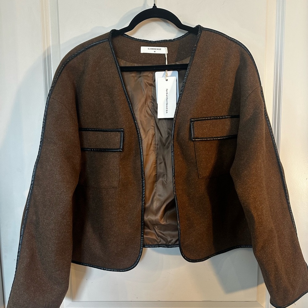 NEW Commense Contrast Trim Tweed Brown Black Trim Open Lightweight Coat, Medium - Picture 7 of 14